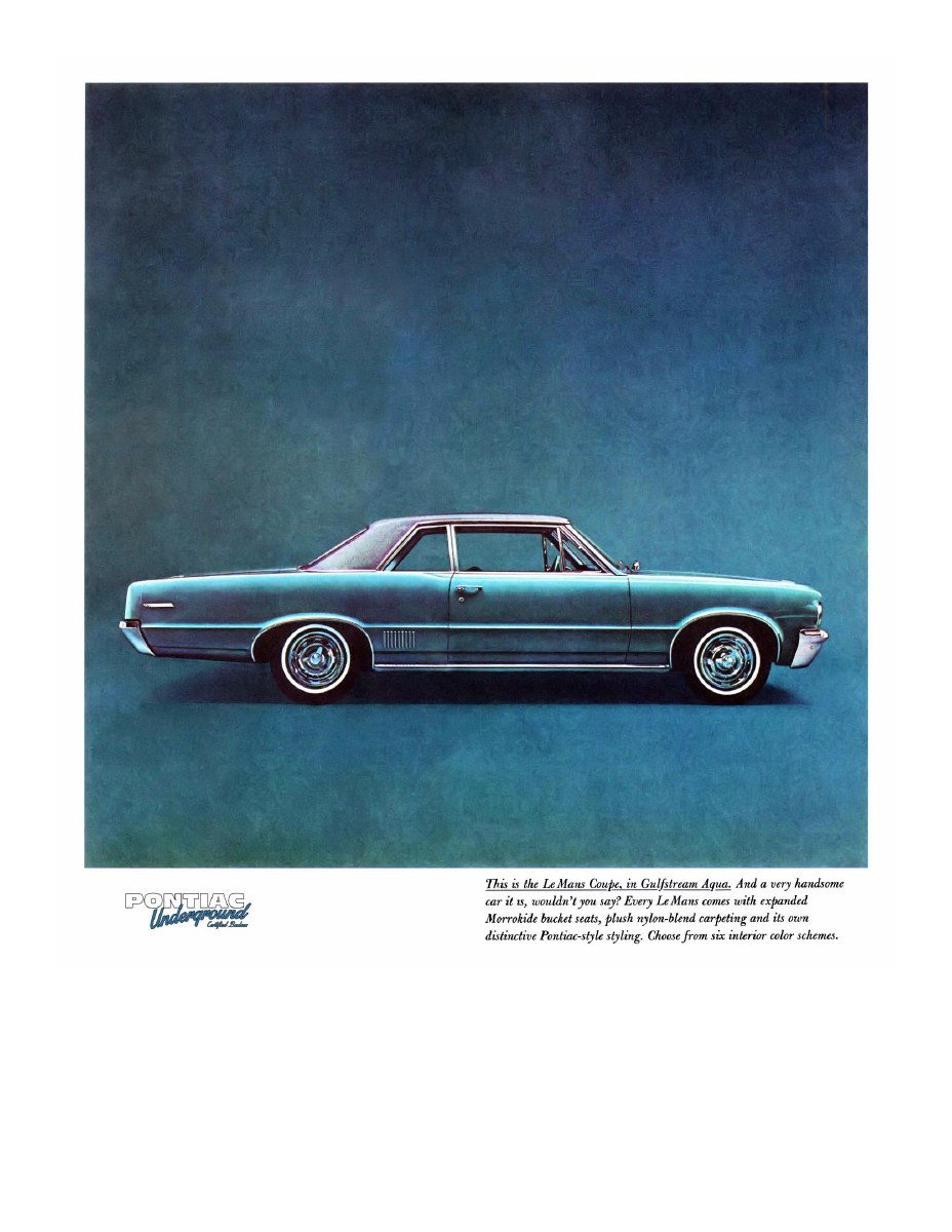 Original Pontiac brochure illustration of an aqua 1964 LeMans coupe with a straighter roofline than the later 1971 car.