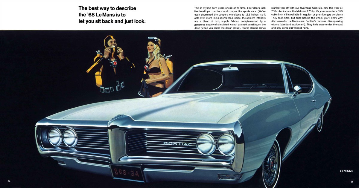 Original 1968 Pontiac brochure spread showing a silver LeMans coupe with a sweeping roof and paired headlights.