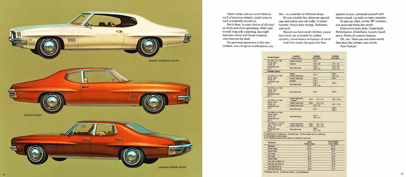 Original 1971 Pontiac brochure spread illustrating the LeMans hardtop coupe, coupe, and sedan, alongside factory specifications.